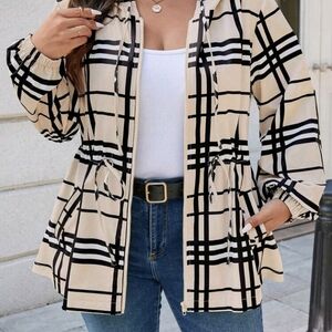 Black and Cream Utility Jacket with Modern Plaid Design